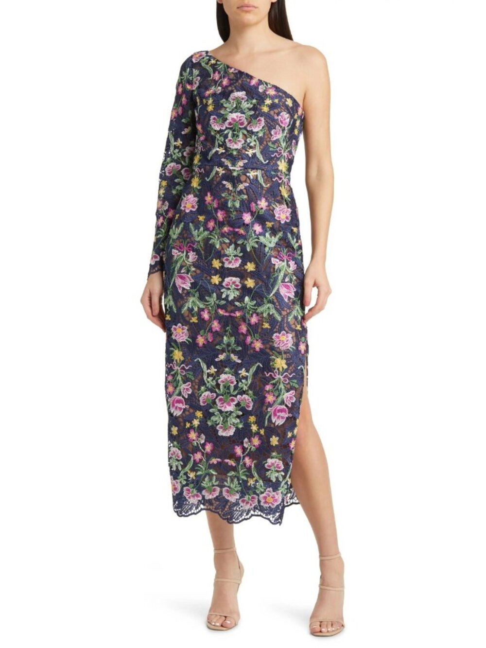 Marchesa Notte Womens Floral Lace One-Shoulder Midi Party Cocktail Dress Size 14